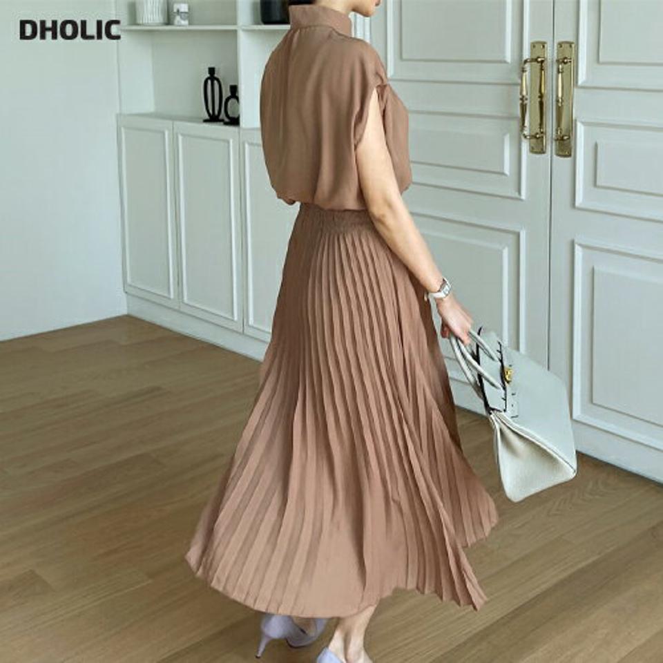 【10%OFF】≪人気商品再入荷≫ボタンプリーツワンピース・全3色・b67951 レディース 【ops】ワンピース ロングワンピース ショートスリーブ フレンチスリーブ プリーツ フェミニン 単色 シンプル 学校行事 二の腕カバー 春 夏 韓国ファッション ハイホリHIHOLLI セール SALE