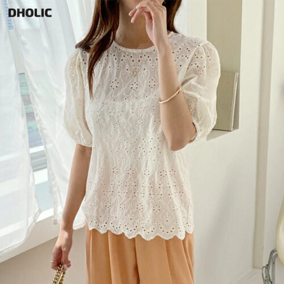 ラウンドアイレットレースブラウス・全2色・b67922 レディース 【bl】【トップス ブラウス 半袖 ハーフスリーブ アイレット レース 総レース 透け感 フェミニン かわいい ガーリー 春 夏 韓国 ファッション】【ハイホリHIHOLLI】