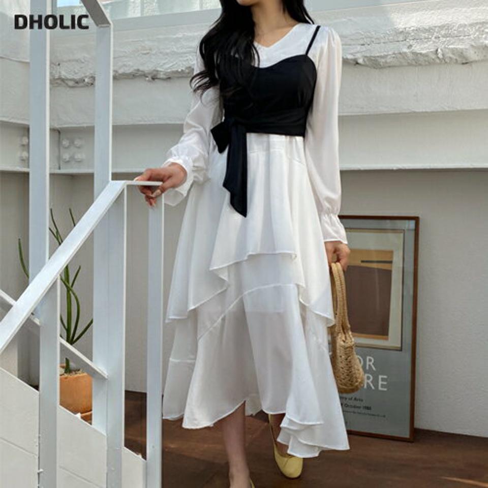 ビスチェ付ティアードワンピース・全1色・t63851 レディース 【ops】【韓国 ファッション ワンピース ロング ロングワンピース 異素材 ビスチェ セット スリム フィット ティアード Vネック Aライン フレア カジュアル フェミニン 体型カバー 春 夏】【NIJU】