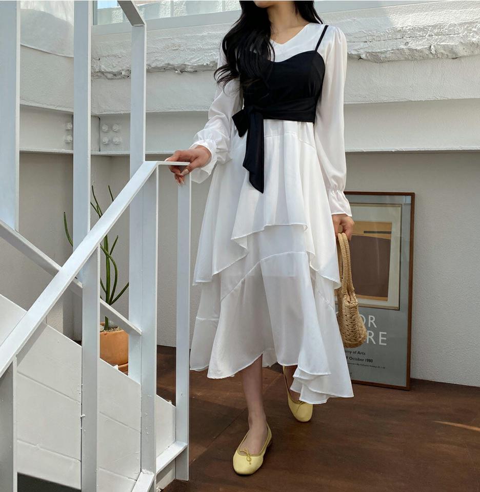 ビスチェ付ティアードワンピース・全1色・t63851 レディース 【ops】【韓国 ファッション ワンピース ロング ロングワンピース 異素材 ビスチェ セット スリム フィット ティアード Vネック Aライン フレア カジュアル フェミニン 体型カバー 春 夏】【NIJU】