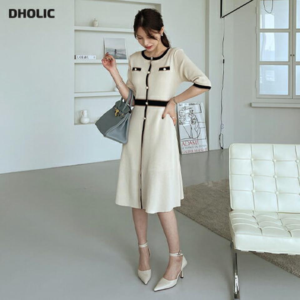 配色フェイクパールニットワンピース・全2色・b67950 レディース 【ops】【ワンピース ミディ丈 ミディワンピース 七分丈 七分袖 7分丈 7分袖 配色 パール モダン 大人 春 夏 韓国 ファッション】【ハイホリHIHOLLI】