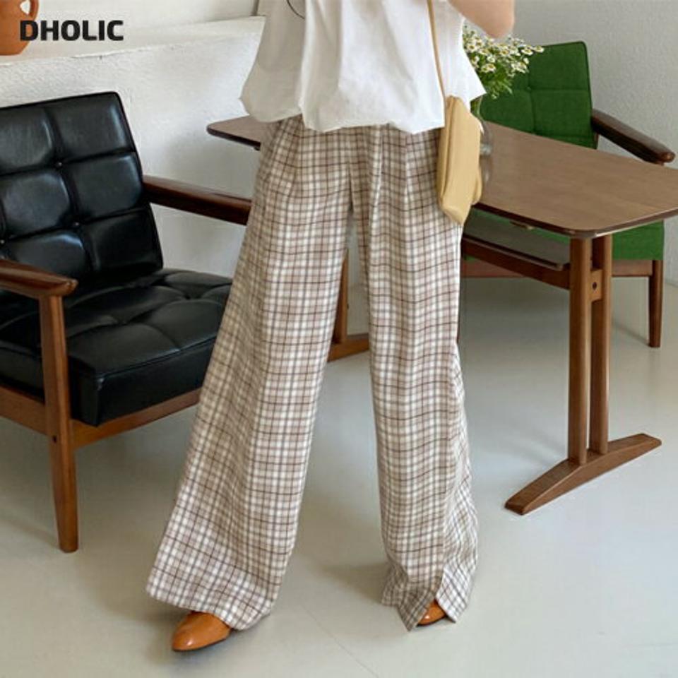 チェックタックスリットパンツ・全2色・t63833 レディース 【pt】【韓国 ファッション ボトムス パンツ ロング ロングパンツ チェック ワイド ワイドパンツ 体型カーバー 10分丈 十分丈 カジュアル デイリー 春 夏】【NIJU】