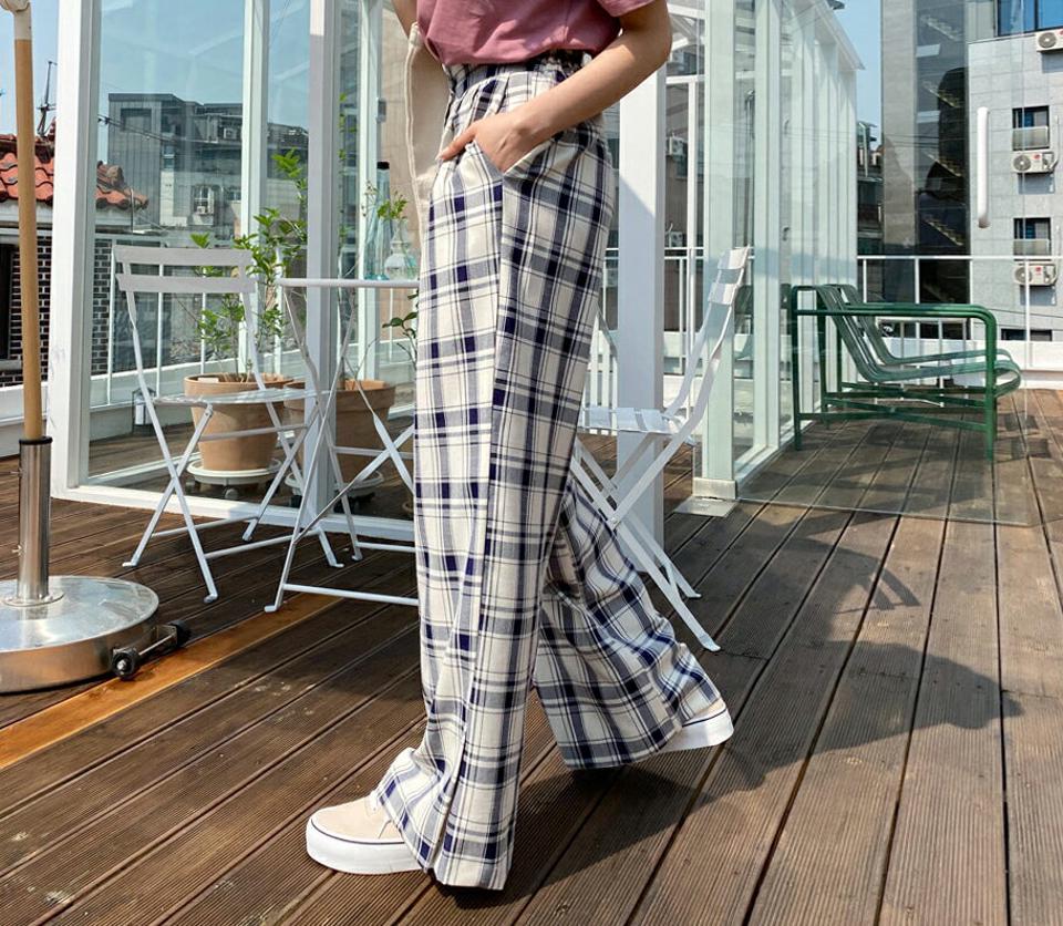 チェックタックスリットパンツ・全2色・t63833 レディース 【pt】【韓国 ファッション ボトムス パンツ ロング ロングパンツ チェック ワイド ワイドパンツ 体型カーバー 10分丈 十分丈 カジュアル デイリー 春 夏】【NIJU】