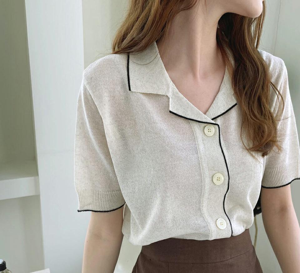 配色ラインカラーネックニット・全3色・t67923 レディース 【tops】 トップス ニット ニットトップス 半袖 ハーフスリーブ 配色 大人 ポロ襟 きれいめ 春 夏 韓国 ファッション ハイホリHIHOLLI