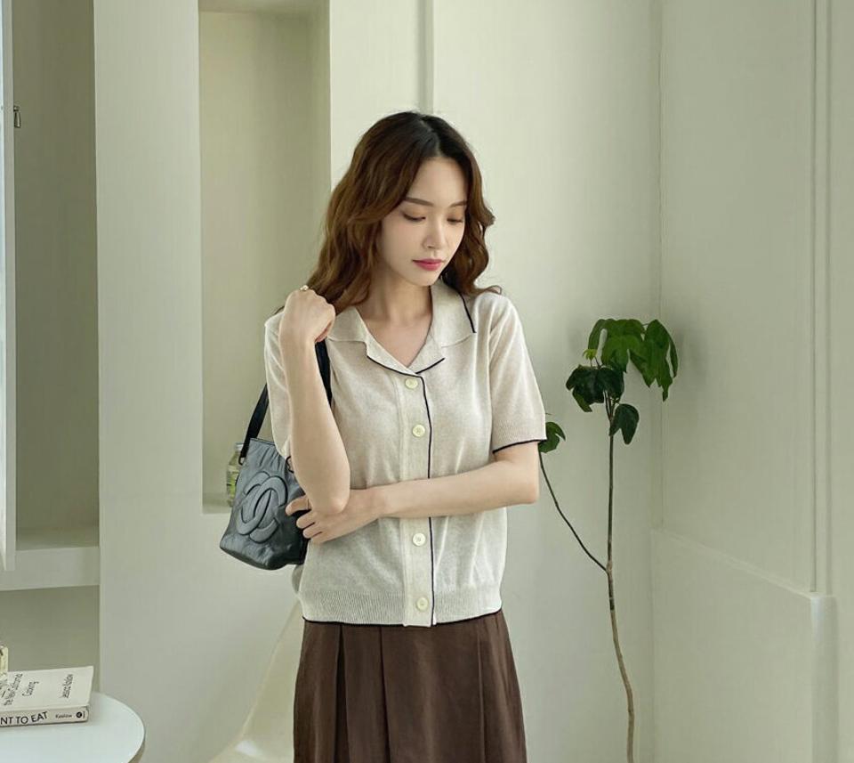 配色ラインカラーネックニット・全3色・t67923 レディース 【tops】 トップス ニット ニットトップス 半袖 ハーフスリーブ 配色 大人 ポロ襟 きれいめ 春 夏 韓国 ファッション ハイホリHIHOLLI