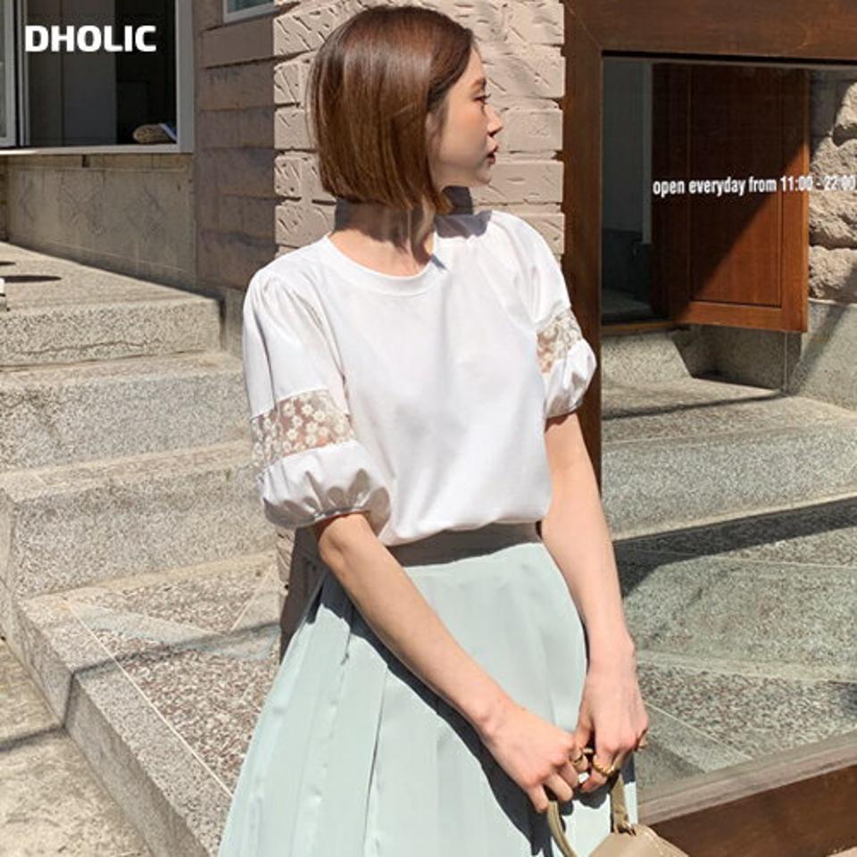 シアーラインパフスリーブTシャツ・全3色・t65203 レディース 【tops】【韓国 ファッション トップス Tシャツ 半袖 ラウンドネック 花柄 フラワー パターン 刺繍 シアー パフスリーブ スリム カジュアル 体型カーバー デイリー 夏 春】