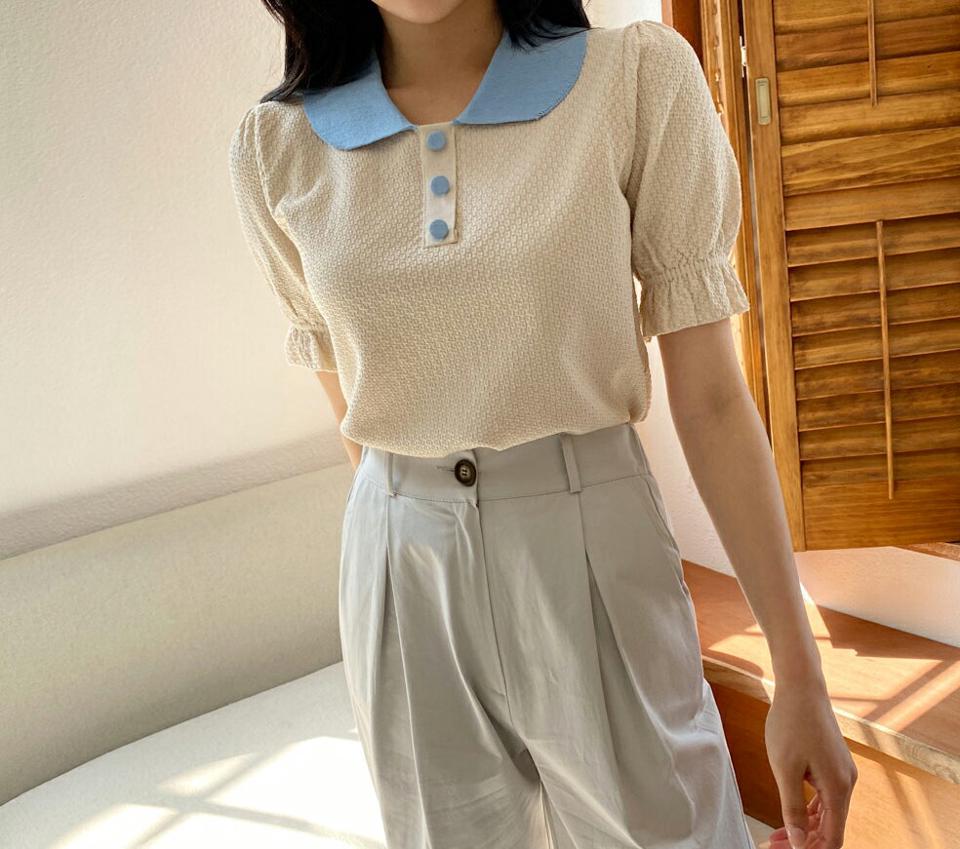 配色ボタンカラーニット・全2色・b63843 レディース 【tops】【韓国 ファッション トップス ニット 半袖 スリム メリハリ 配色 ボタン ラウンドカラー 細身 体型カーバー ガーリー デイリー 春 夏】【NIJU】