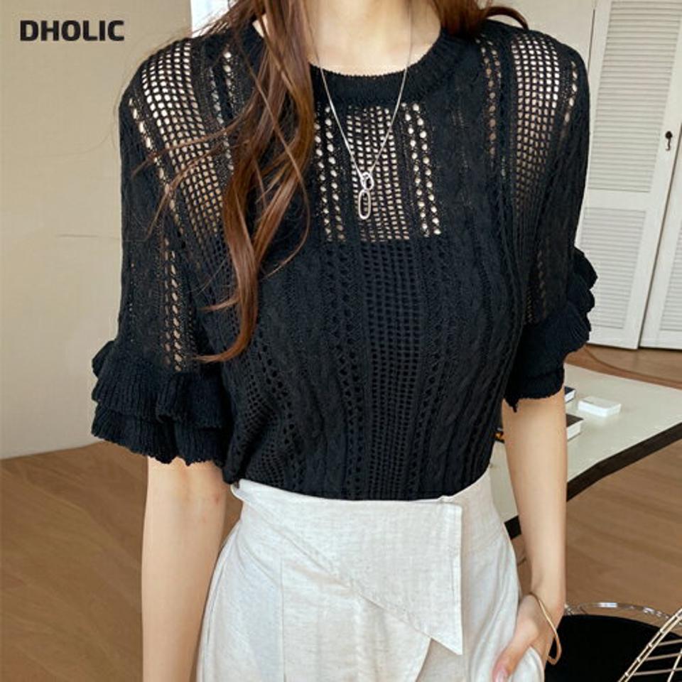 パンチングフリルスリーブニット・全3色・b67945 レディース 【tops】【トップス ニット ニットトップス 半袖 ハーフスリーブ パンチング フリル 透け感 シースルー 大人 春 夏 韓国 ファッション】【ハイホリHIHOLLI】