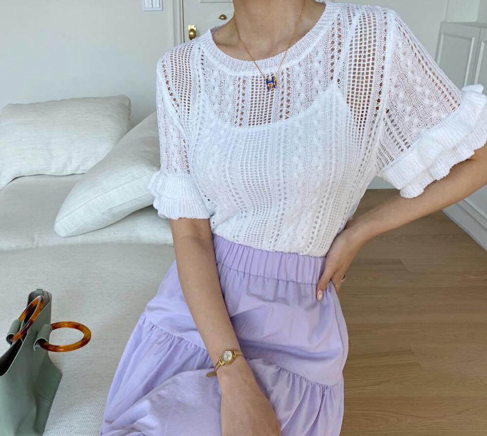 パンチングフリルスリーブニット・全3色・b67945 レディース 【tops】【トップス ニット ニットトップス 半袖 ハーフスリーブ パンチング フリル 透け感 シースルー 大人 春 夏 韓国 ファッション】【ハイホリHIHOLLI】
