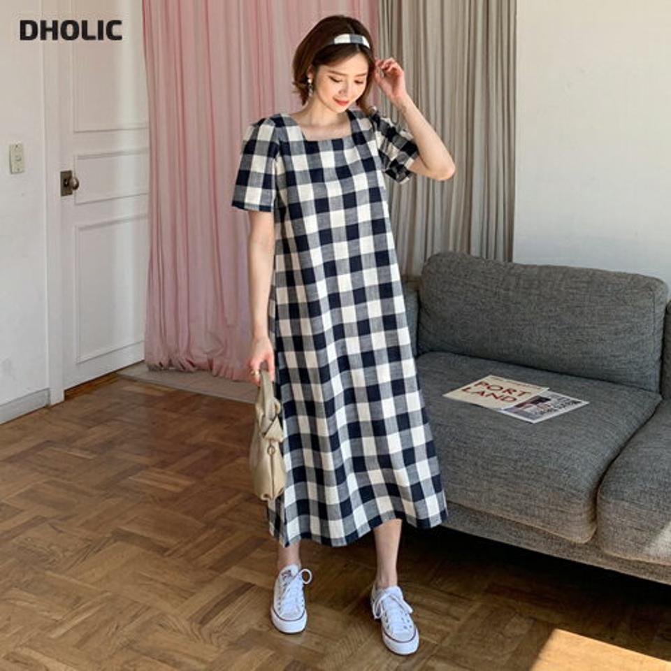 ストラップ付チェックワンピース・全3色・t65214 レディース 【ops】 韓国 ファッション ワンピース ロング ロングワンピース 半袖 スクエアネック チェック柄 ガーリー Aライン 細身 体型カバー フェミニン 夏 春