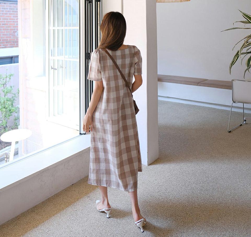 ストラップ付チェックワンピース・全3色・t65214 レディース 【ops】 韓国 ファッション ワンピース ロング ロングワンピース 半袖 スクエアネック チェック柄 ガーリー Aライン 細身 体型カバー フェミニン 夏 春