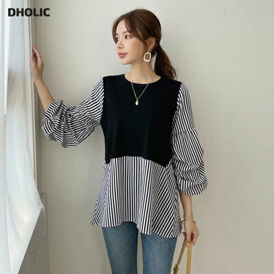 ストライプコントラストリボンブラウス・全1色・b67917 レディース 【bl】 トップス ブラウス 七分丈 七分袖 7分丈 7分袖 ストライプ柄 コントラスト レイヤード風 大人 カジュアル 春 秋 韓国 ファッション ハイホリHIHOLLI