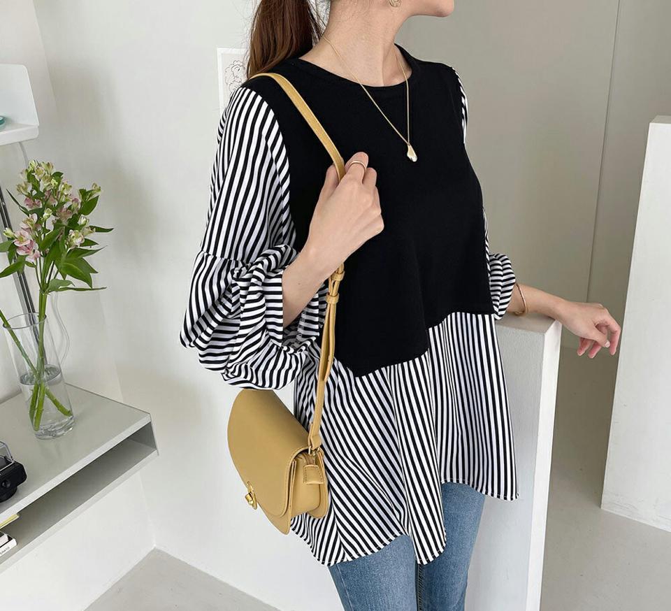 ストライプコントラストリボンブラウス・全1色・b67917 レディース 【bl】 トップス ブラウス 七分丈 七分袖 7分丈 7分袖 ストライプ柄 コントラスト レイヤード風 大人 カジュアル 春 秋 韓国 ファッション ハイホリHIHOLLI