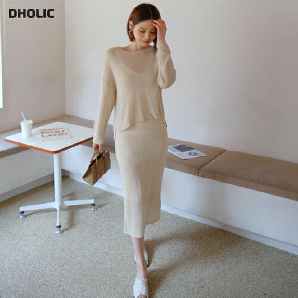 バックリボンニット&スカートSET・全3色・b65218 レディース 【ops】【韓国 ファッション ワンピース ロング ロングワンピース 長袖 ニット セットアップ バックリボン ラウンドネック ルーズ スカート Aライン 細身 体型カバー フェミニン 夏 春】