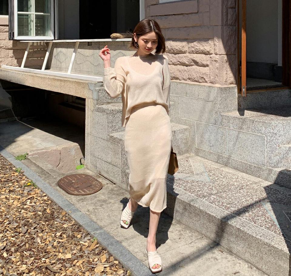 バックリボンニット&スカートSET・全3色・b65218 レディース 【ops】【韓国 ファッション ワンピース ロング ロングワンピース 長袖 ニット セットアップ バックリボン ラウンドネック ルーズ スカート Aライン 細身 体型カバー フェミニン 夏 春】