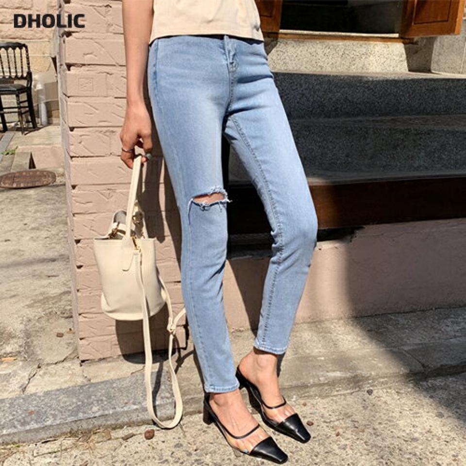 ダメージスリムデニムパンツ・全1色・t65198 レディース 【pt】 韓国 ファッション ボトムス ロング ロングパンツ ロングデニム デニム フィット ストレート 美脚 スリム 体型カーバー 10分丈 十分丈 夏 春