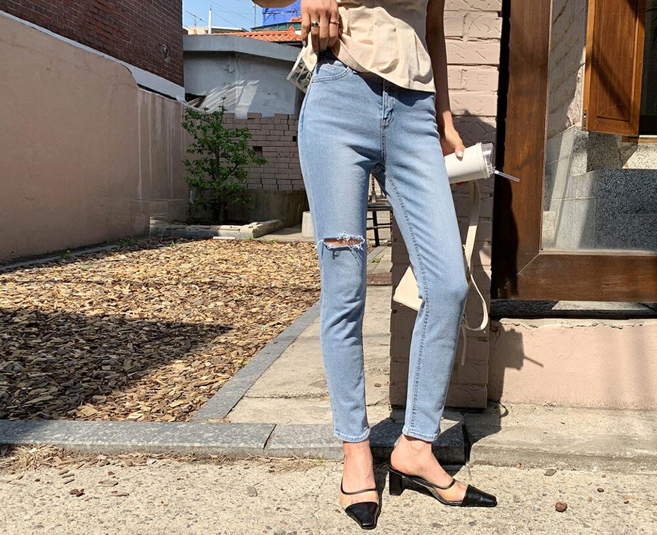 ダメージスリムデニムパンツ・全1色・t65198 レディース 【pt】 韓国 ファッション ボトムス ロング ロングパンツ ロングデニム デニム フィット ストレート 美脚 スリム 体型カーバー 10分丈 十分丈 夏 春