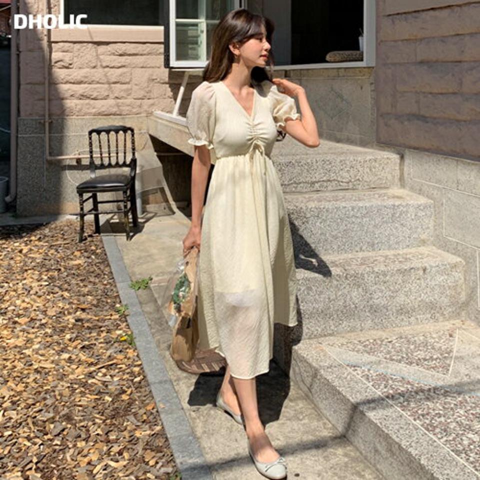 ドロストVネックワンピース・全2色・e65193 レディース 【ops】韓国ファッション ワンピース ロング ロングワンピース 半袖 Vネック フェミニン デコルテ リボン 上品 ガーリー 夏 春