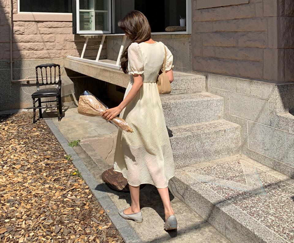 ドロストVネックワンピース・全2色・e65193 レディース 【ops】韓国ファッション ワンピース ロング ロングワンピース 半袖 Vネック フェミニン デコルテ リボン 上品 ガーリー 夏 春