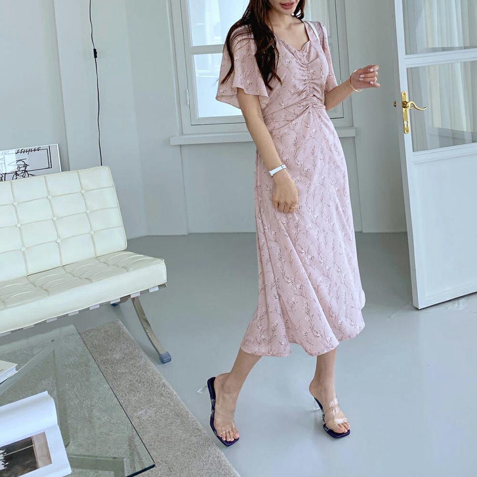 ラッフルスリーブ花柄ワンピース・全2色・t67953 レディース 【ops】【ワンピース ロング ロングワンピース 半袖 花柄 フラワー ラッフル ギャザー フェミニン 可愛い かわいい 春 夏 韓国 ファッション】【ハイホリHIHOLLI】