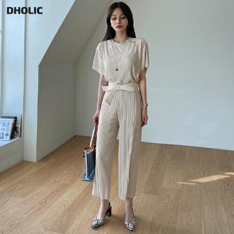 プリーツスリットTシャツ&パンツSET・全4色・b67957 レディース 【pt】【セットアップ setup トップス 半袖 プリーツ Tシャツ スリット パンツ ズボン ロングパンツ シンプル 大人 春 夏 韓国 ファッション】【ハイホリHIHOLLI】