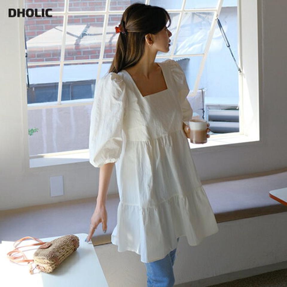 リボンティアードミニワンピース・全2色・t65211 レディース 【ops】【韓国 ファッション ワンピース ミニ ミニワンピース 半袖 スクエアネック ナイロン ティアード ボリューム Aライン 細身 体型カバー フェミニン 夏 春】