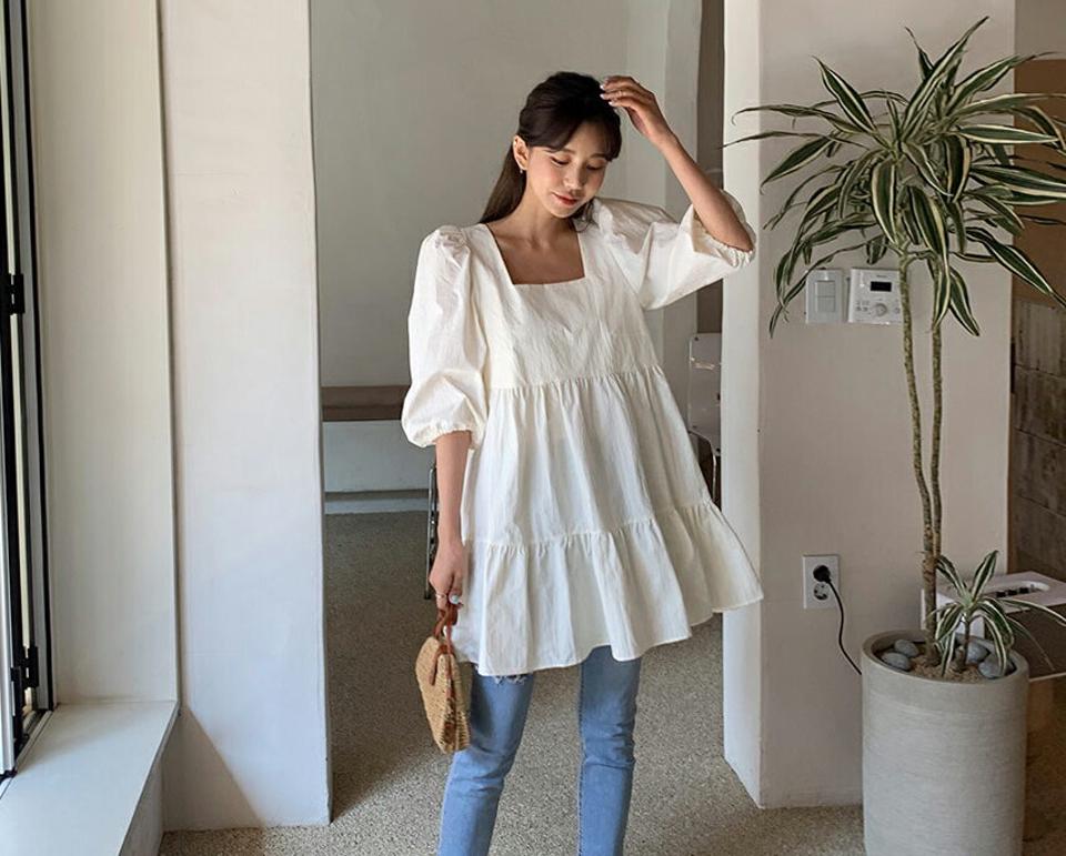 リボンティアードミニワンピース・全2色・t65211 レディース 【ops】【韓国 ファッション ワンピース ミニ ミニワンピース 半袖 スクエアネック ナイロン ティアード ボリューム Aライン 細身 体型カバー フェミニン 夏 春】