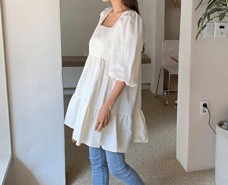 リボンティアードミニワンピース・全2色・t65211 レディース 【ops】【韓国 ファッション ワンピース ミニ ミニワンピース 半袖 スクエアネック ナイロン ティアード ボリューム Aライン 細身 体型カバー フェミニン 夏 春】