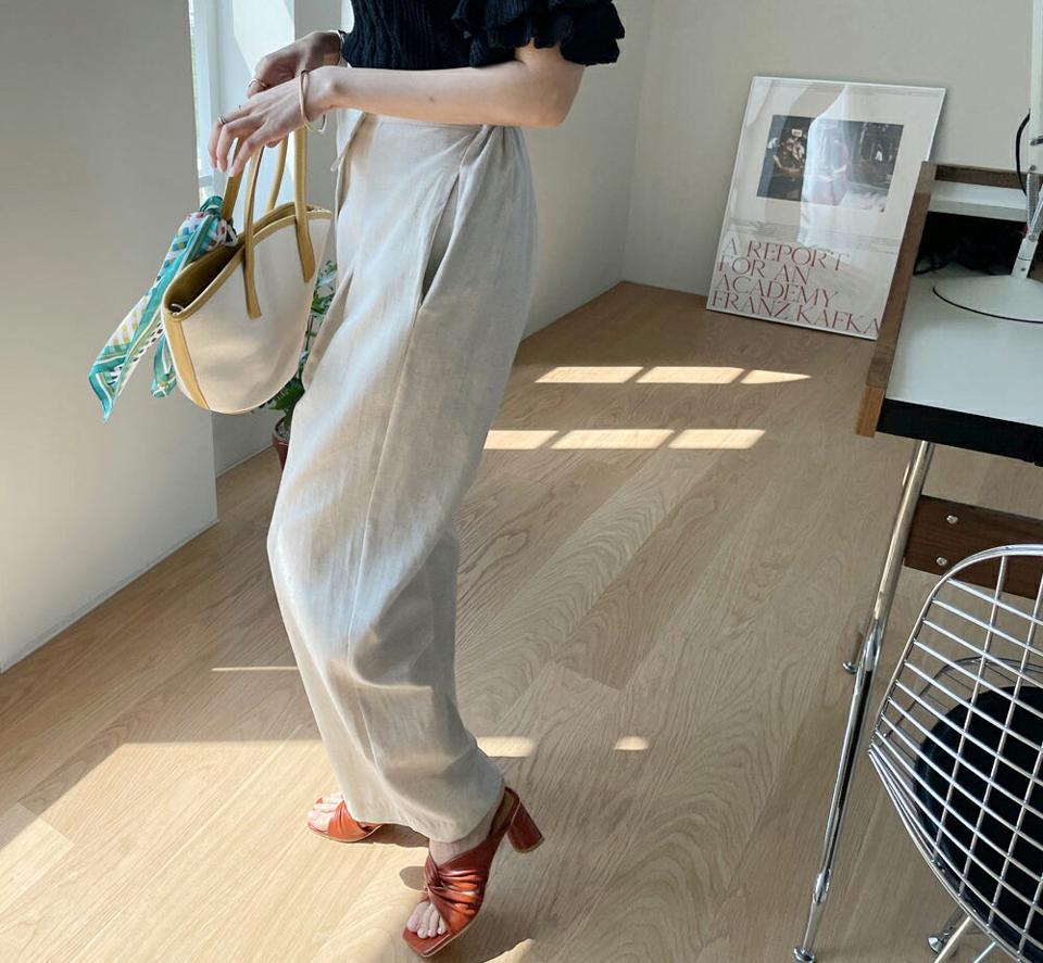 アンバランスラップ調パンツ・全2色・t67960 レディース 【pt】【パンツ ズボン ロングパンツ ワイド ラップパンツ ラップデザイン アンバランス 単色 無地 大人 カジュアル 春 秋 韓国 ファッション】【ハイホリHIHOLLI】