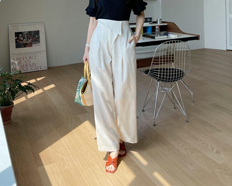 アンバランスラップ調パンツ・全2色・t67960 レディース 【pt】【パンツ ズボン ロングパンツ ワイド ラップパンツ ラップデザイン アンバランス 単色 無地 大人 カジュアル 春 秋 韓国 ファッション】【ハイホリHIHOLLI】