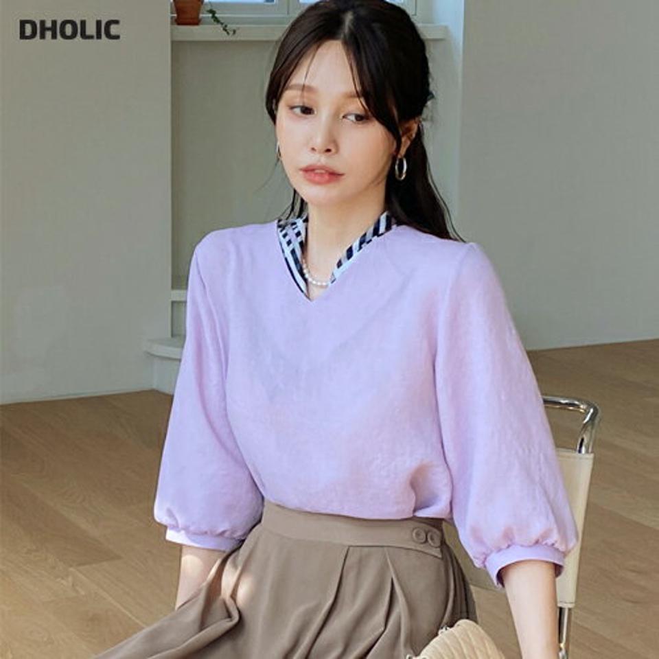 ≪人気商品再入荷≫Vネックパフスリーブブラウス・全6色・t67949 レディース 【bl】 トップス ブラウス パフ袖 七分丈 七分袖 7分丈 7分袖 Vネック 単色 無地 シンプル カジュアル 大人 春 秋 韓国 ファッション ハイホリHIHOLLI