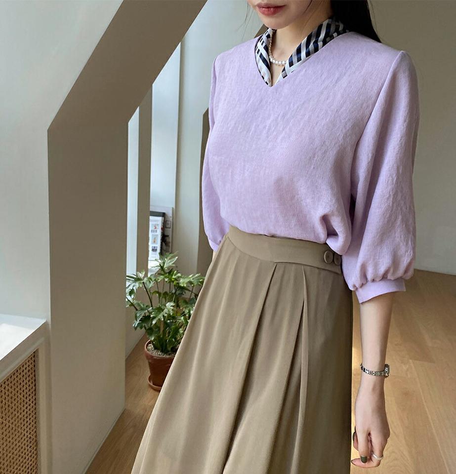 ≪人気商品再入荷≫Vネックパフスリーブブラウス・全6色・t67949 レディース 【bl】 トップス ブラウス パフ袖 七分丈 七分袖 7分丈 7分袖 Vネック 単色 無地 シンプル カジュアル 大人 春 秋 韓国 ファッション ハイホリHIHOLLI