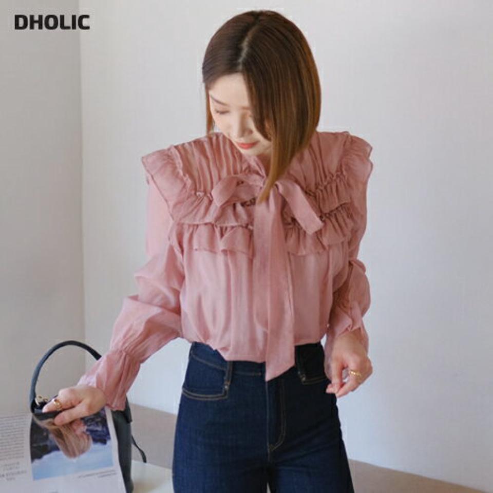 ≪人気商品再入荷≫ネックリボンフリルブラウス・全3色・b65201 レディース 【bl】 韓国ファッション トップス ブラウス 長袖 ネックリボン ギャザー フリル ボリューム リボン ピンク シースルー ガーリー 量産型 細身 フェミニン 上品 夏 春
