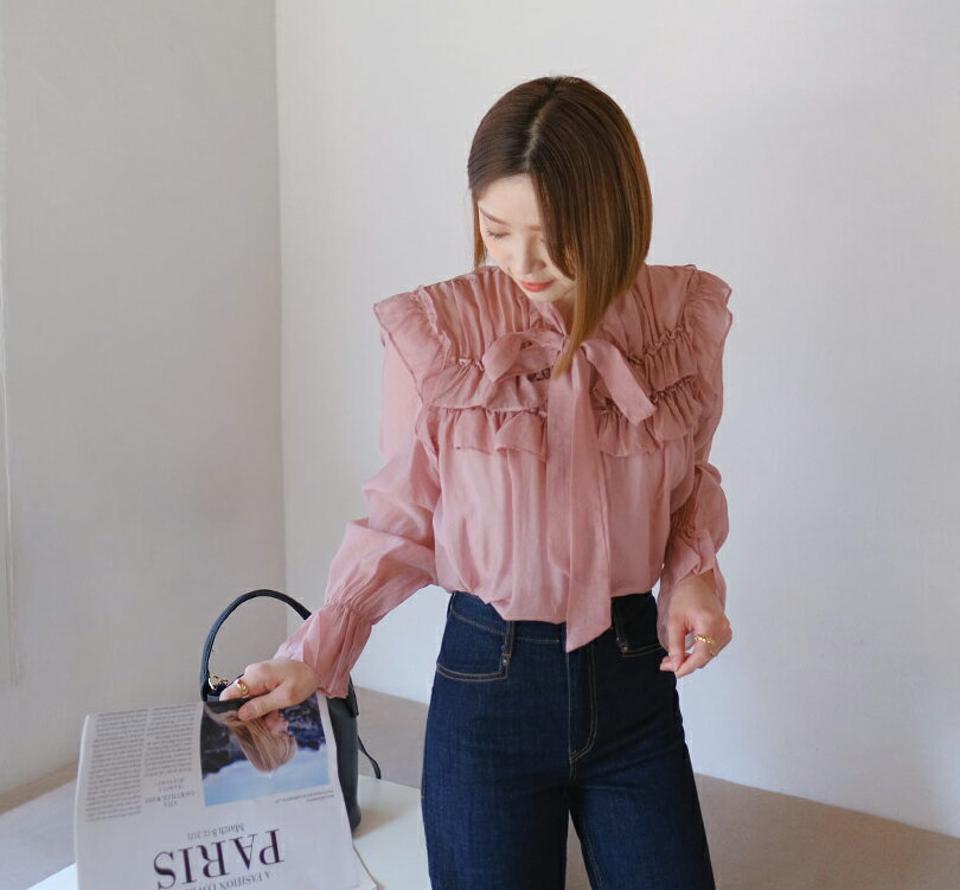 ≪人気商品再入荷≫ネックリボンフリルブラウス・全3色・b65201 レディース 【bl】 韓国ファッション トップス ブラウス 長袖 ネックリボン ギャザー フリル ボリューム リボン ピンク シースルー ガーリー 量産型 細身 フェミニン 上品 夏 春