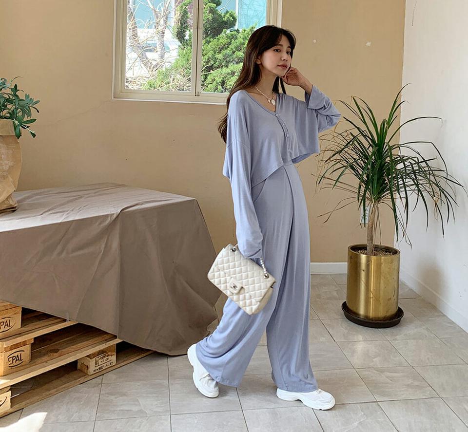 カーディガン&オールインワンSET・全3色・t65217 レディース 【pt】【韓国 ファッション ボトムス ロング ロングパンツ オールインワン カーディガン Vネック セット やわらかい ラップ風 ディテール クロップド丈 体型カーバー 10分丈 十分丈 夏 春】