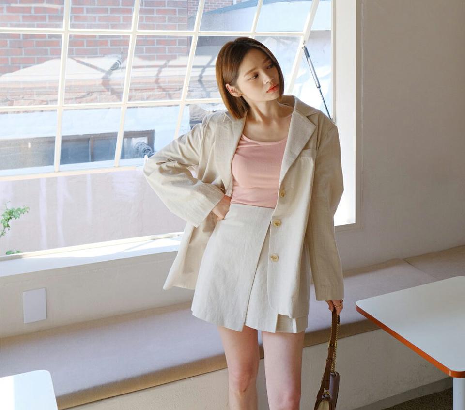 コットンルーズジャケット&タックミニスカートSET・全4色・t65225 レディース 【ops】【韓国 ファッション ワンピース ミニ ミニワンピース 長袖 セットアップ ジャケット ルーズ スカート ラップ カジュアル 細身 体型カバー フェミニン 夏 春】