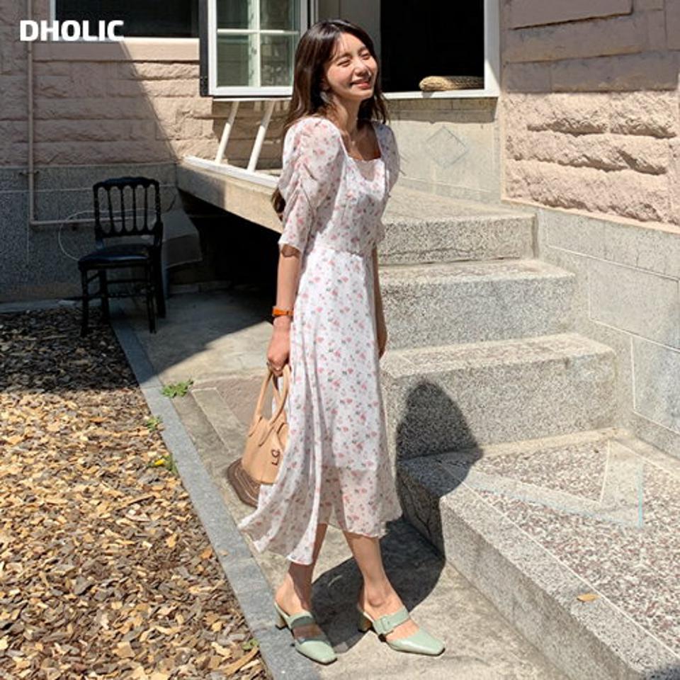 スクエア花柄シフォンワンピース・全4色・t65212 レディース 【ops】【韓国 ファッション ワンピース ロング ロングワンピース 半袖 スクエアネック フェミニン デコルテ ギャザー 7分丈スリーブ リボン 花柄 フラワー パターン シフォン 夏 春】