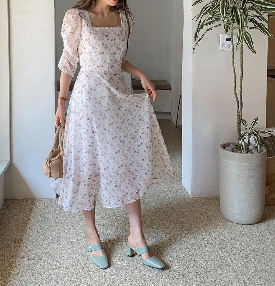 スクエア花柄シフォンワンピース・全4色・t65212 レディース 【ops】【韓国 ファッション ワンピース ロング ロングワンピース 半袖 スクエアネック フェミニン デコルテ ギャザー 7分丈スリーブ リボン 花柄 フラワー パターン シフォン 夏 春】