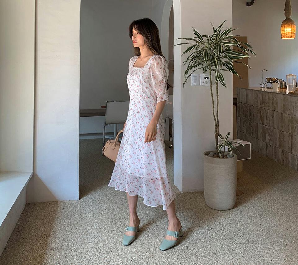 スクエア花柄シフォンワンピース・全4色・t65212 レディース 【ops】【韓国 ファッション ワンピース ロング ロングワンピース 半袖 スクエアネック フェミニン デコルテ ギャザー 7分丈スリーブ リボン 花柄 フラワー パターン シフォン 夏 春】