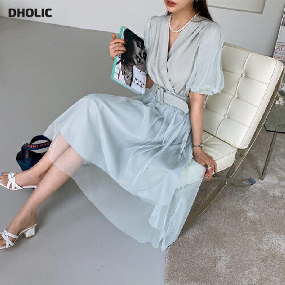 ベルト付チュールワンピース・全3色・t67955 レディース 【ops】【ワンピース ロング ロングワンピース 半袖 ハーフスリーブ チュール 透け感 シアー シースルー フェミニン 単色 シンプル 結婚式 春 夏 韓国 ファッション】【ハイホリHIHOLLI】