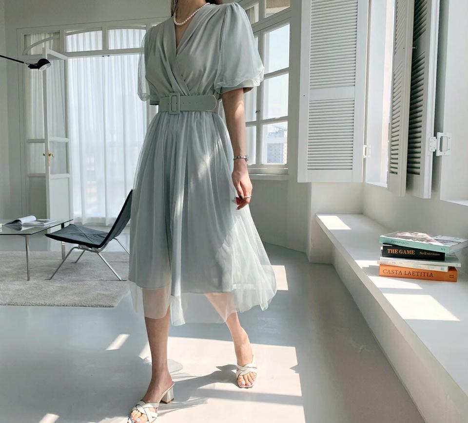 ベルト付チュールワンピース・全3色・t67955 レディース 【ops】【ワンピース ロング ロングワンピース 半袖 ハーフスリーブ チュール 透け感 シアー シースルー フェミニン 単色 シンプル 結婚式 春 夏 韓国 ファッション】【ハイホリHIHOLLI】