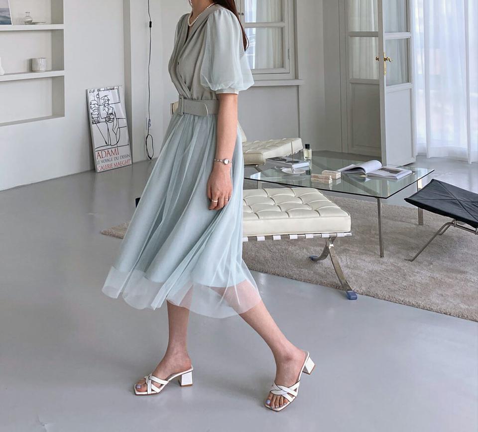 ベルト付チュールワンピース・全3色・t67955 レディース 【ops】【ワンピース ロング ロングワンピース 半袖 ハーフスリーブ チュール 透け感 シアー シースルー フェミニン 単色 シンプル 結婚式 春 夏 韓国 ファッション】【ハイホリHIHOLLI】