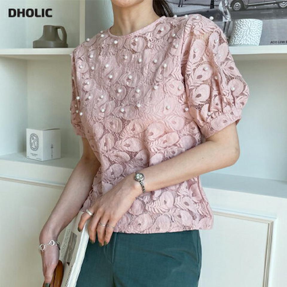 フェイクパールシアーパターンブラウス・全4色・b67948 レディース 【bl】【トップス ブラウス 半袖 ハーフスリーブ パール シアー　透け感 シースルー フェミニン きれいめ 上品 春 夏 韓国 ファッション】【ハイホリHIHOLLI】