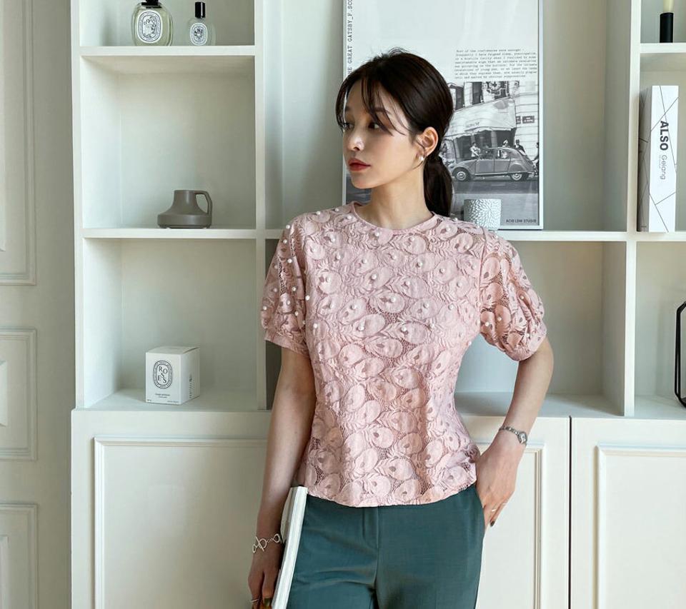 フェイクパールシアーパターンブラウス・全4色・b67948 レディース 【bl】【トップス ブラウス 半袖 ハーフスリーブ パール シアー　透け感 シースルー フェミニン きれいめ 上品 春 夏 韓国 ファッション】【ハイホリHIHOLLI】