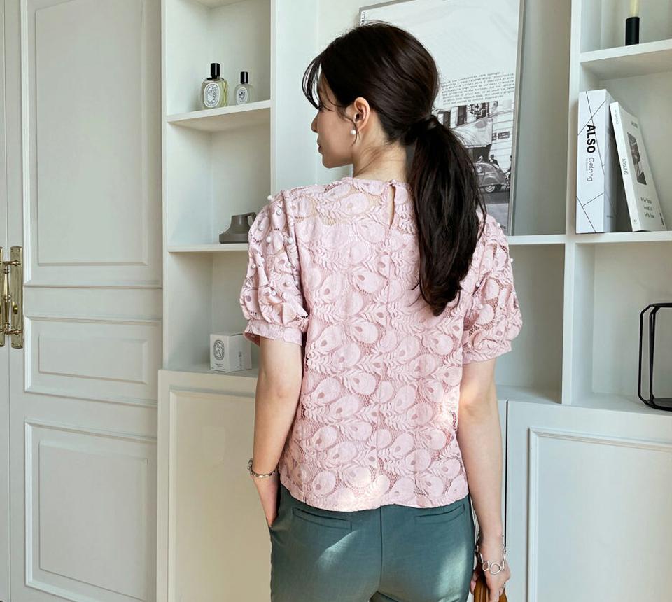 フェイクパールシアーパターンブラウス・全4色・b67948 レディース 【bl】【トップス ブラウス 半袖 ハーフスリーブ パール シアー　透け感 シースルー フェミニン きれいめ 上品 春 夏 韓国 ファッション】【ハイホリHIHOLLI】