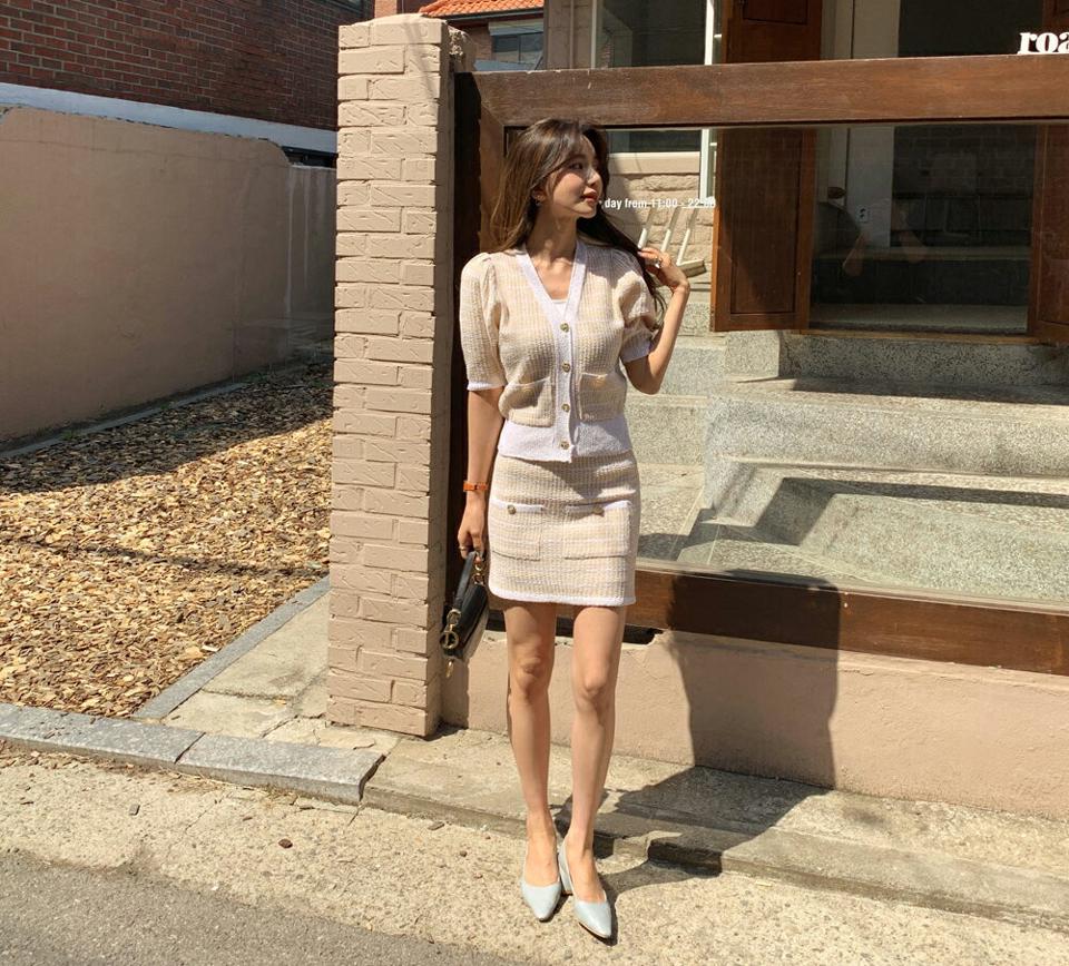 ツイード調ニットカーデ&ミニスカートSET・全5色・t65223 レディース 【ops】 韓国 ファッション ワンピース ミニ ミニワンピース 半袖 ツイード調 セットアップ カーディガン Vネック ハーフスリーブ スカート Hライン スリム 体型カーバー 夏 春