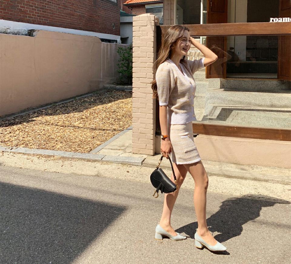 ツイード調ニットカーデ&ミニスカートSET・全5色・t65223 レディース 【ops】 韓国 ファッション ワンピース ミニ ミニワンピース 半袖 ツイード調 セットアップ カーディガン Vネック ハーフスリーブ スカート Hライン スリム 体型カーバー 夏 春