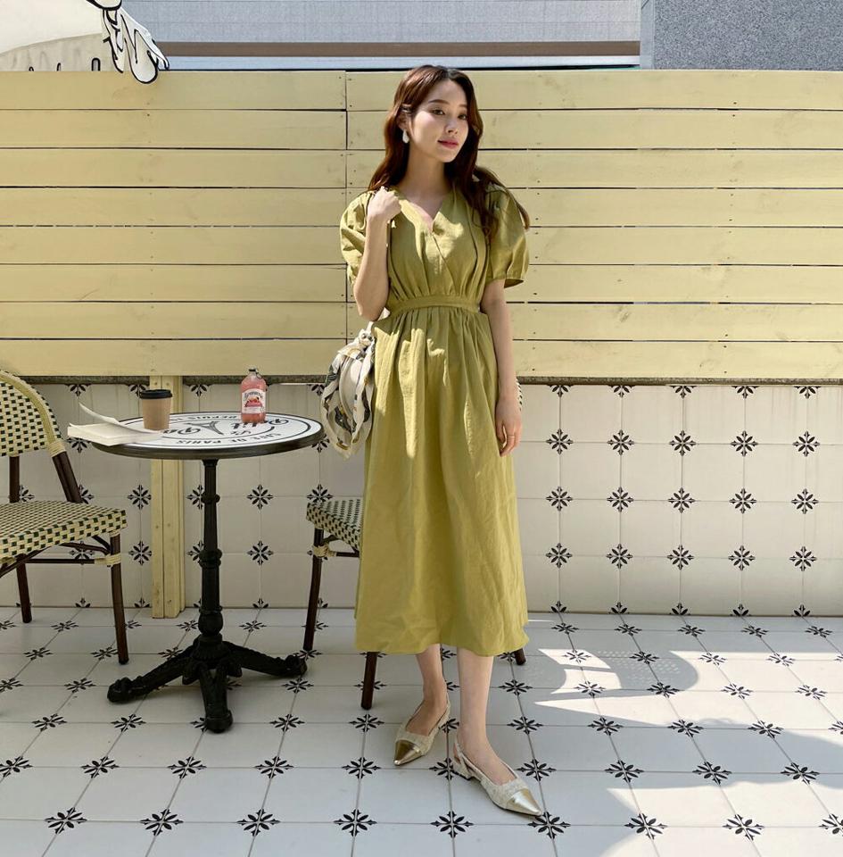 カシュクールリボンワンピース・全3色・t67913 レディース 【ops】 ワンピース ロング ロングワンピース 半袖 カシュクール リボン りぼん Vネック カジュアル リネン 春 夏 韓国 ファッション ハイホリHIHOLLI