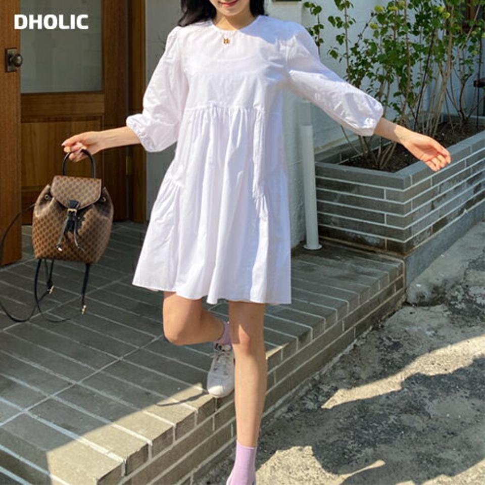 ギャザーミニワンピース・全3色・t63847 レディース 【ops】【韓国 ファッション ワンピース ミニ ミニワンピース アンバランス ギャザー ラウンドネック 7分丈袖 ガーリー カジュアル フェミニン 体型カバー 春 夏】【NIJU】