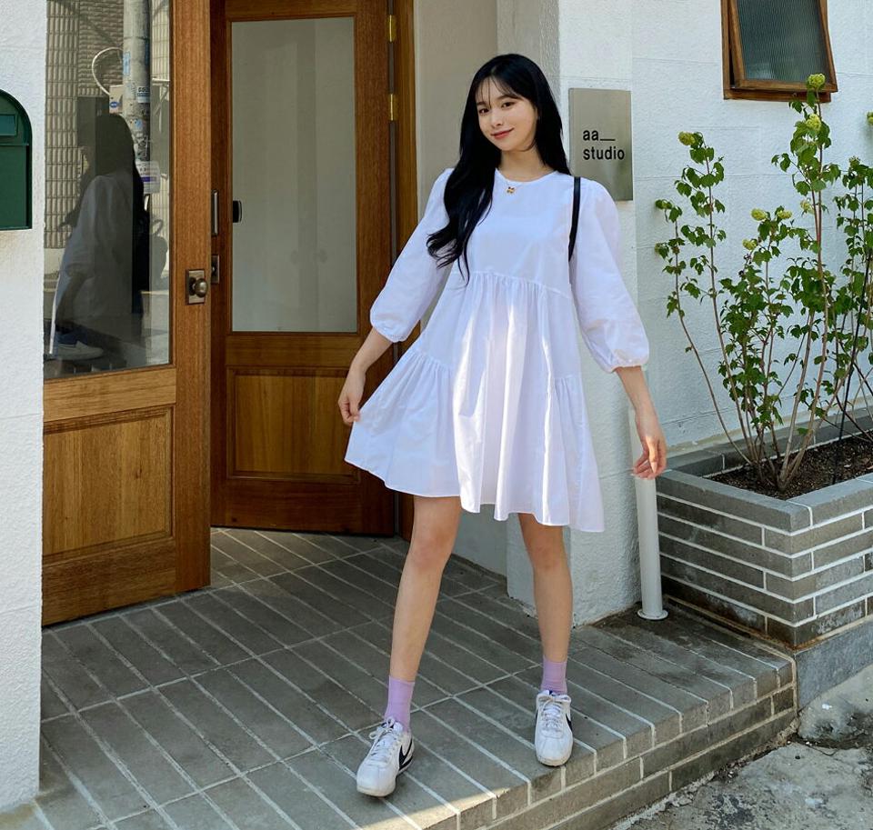 ギャザーミニワンピース・全3色・t63847 レディース 【ops】【韓国 ファッション ワンピース ミニ ミニワンピース アンバランス ギャザー ラウンドネック 7分丈袖 ガーリー カジュアル フェミニン 体型カバー 春 夏】【NIJU】